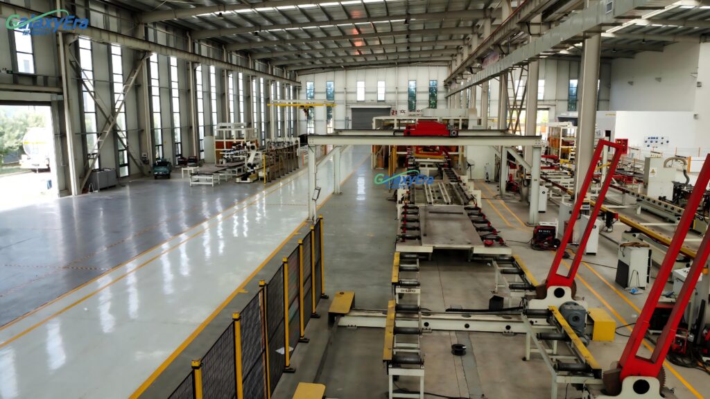 Factory workshop for manufacturing 3-axle flatbed semi trailers